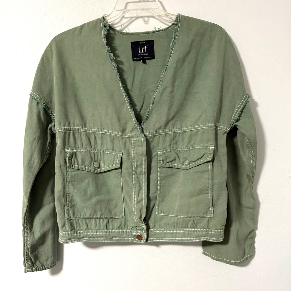 Zara TRF Sage Green Utility Jacket Raw Edge Contrast Stitch XS Cotton Linen